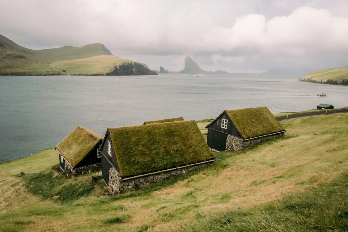 Black wooden houses with moss-covered roofs sit on a grassy hillside overlooking the sea.