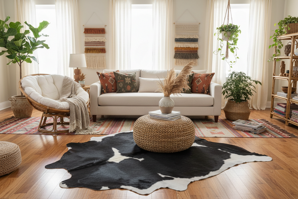 BlackWhite#144❤️97.5" x 84" Massive Cowhide Rug