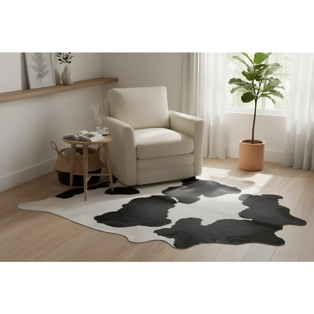 Large black and white cowhide rug with natural irregular edges perfect for beautiful rugs by angus oliver