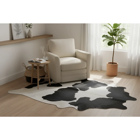 Large black and white cowhide rug with natural irregular edges perfect for beautiful rugs by angus oliver