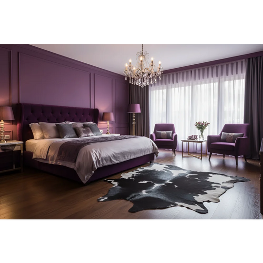 Purple tufted headboard bed with matching furniture and an incredibly soft underfoot black and white massive cowhide rug