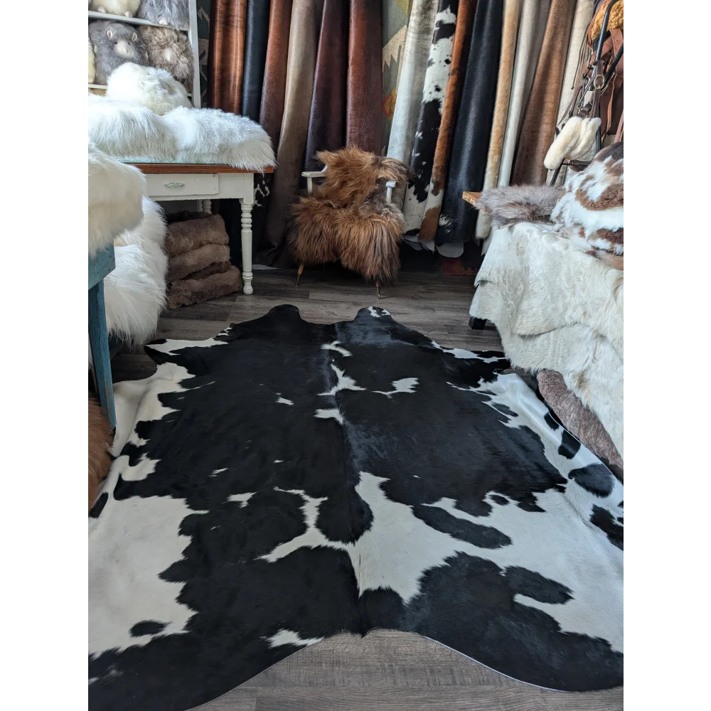 Blackwhite199 93 x 83 massive cowhide rug with irregular black and white patches incredibly soft underfoot for living space