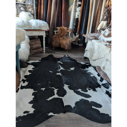 Blackwhite199 93 x 83 massive cowhide rug with irregular black and white patches incredibly soft underfoot for living space