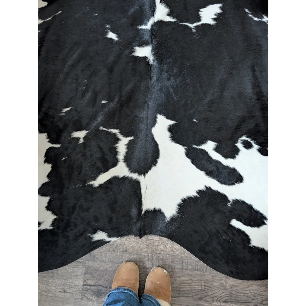 Black and white cowhide rug with natural fur texture and angus oliver unique characteristics incredibly soft underfoot