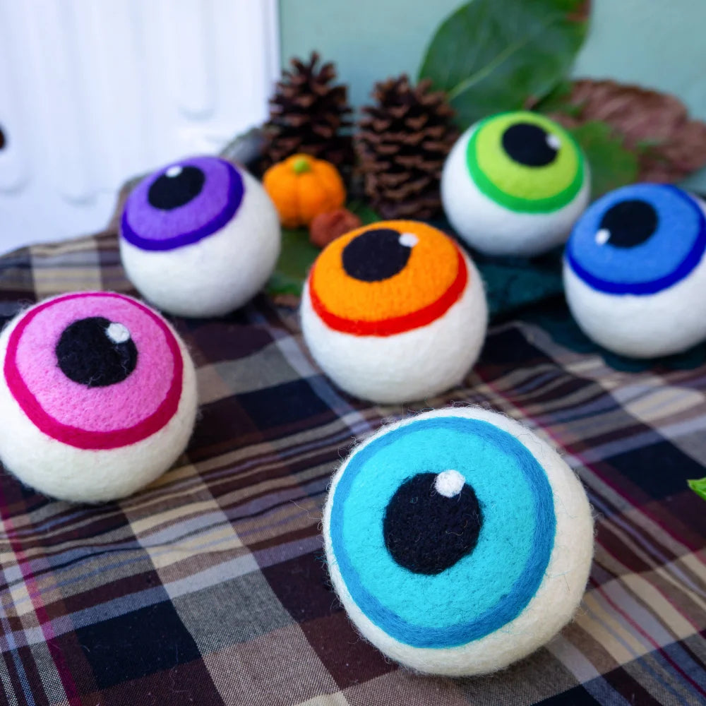 Hand-felted eerie eyeballs dryer balls in vibrant blue irises made from eco dryer wool set of 3 limited edition