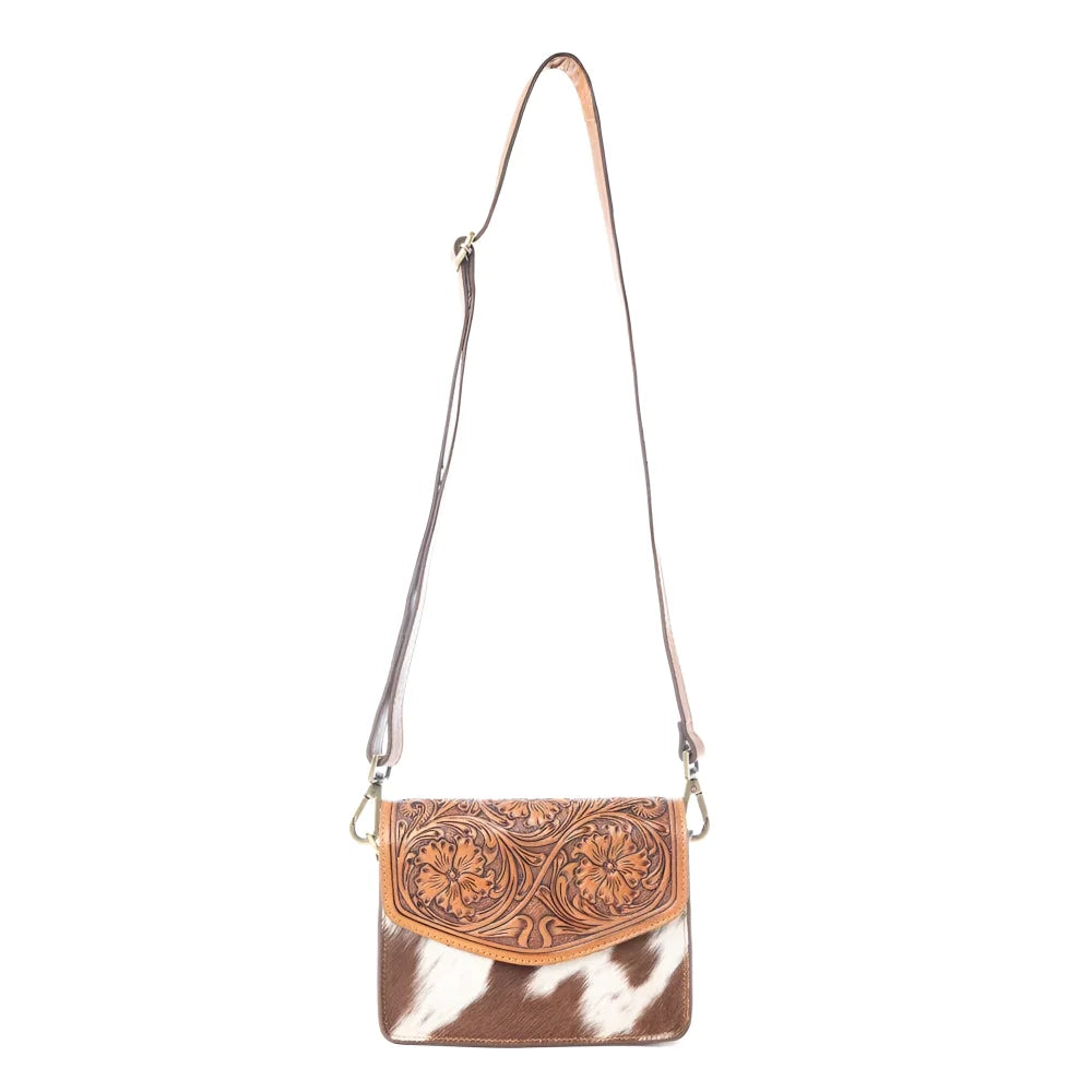 Bridle Blossom handtooled hairon leather purse with floral carvings