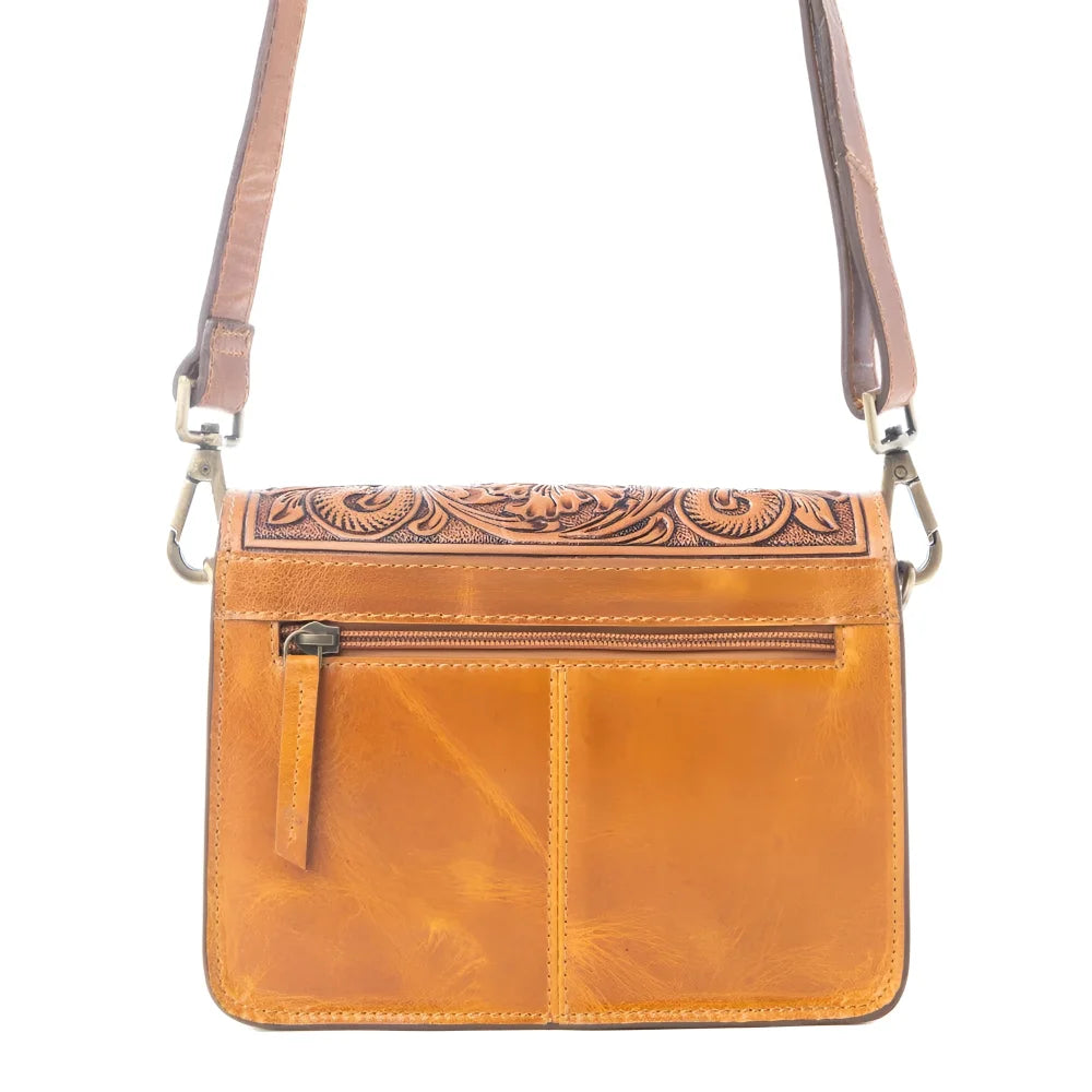 Bridle Blossom handtooled hairon leather purse with floral carvings
