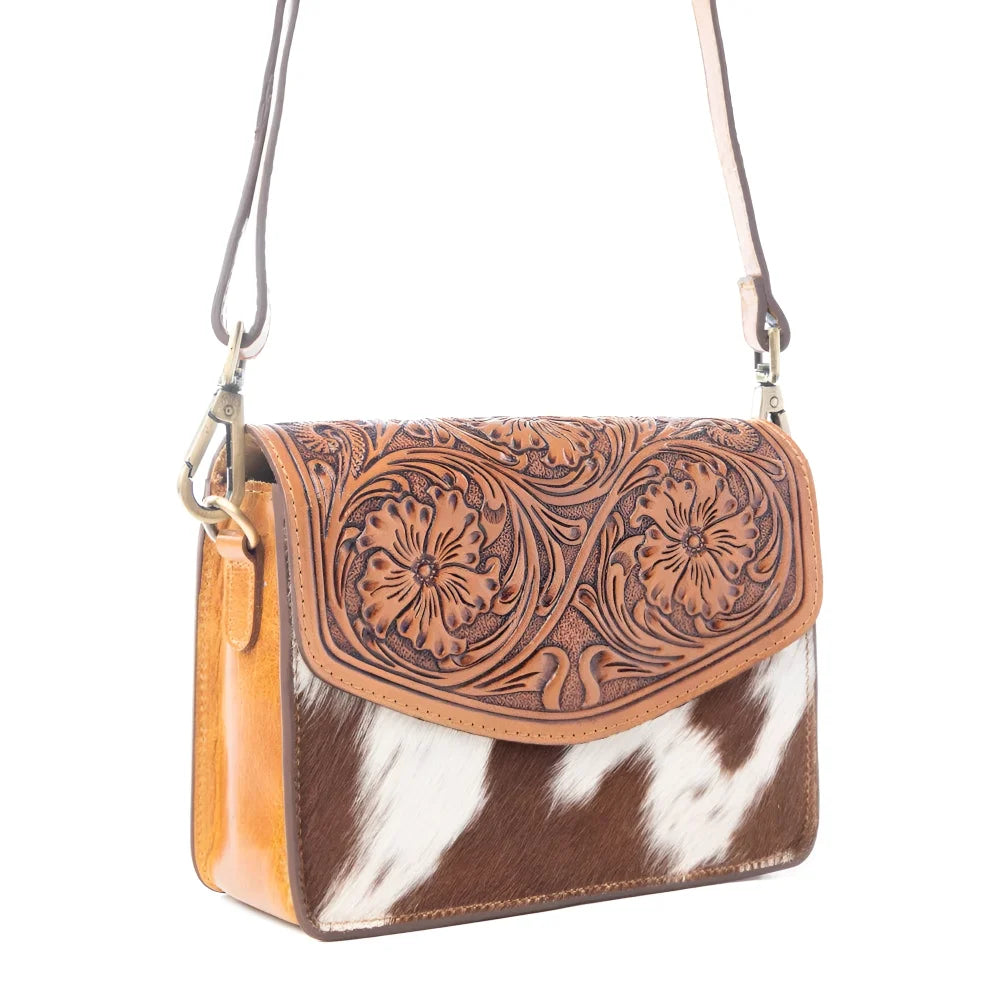 Bridle Blossom handtooled hairon leather purse with floral carvings