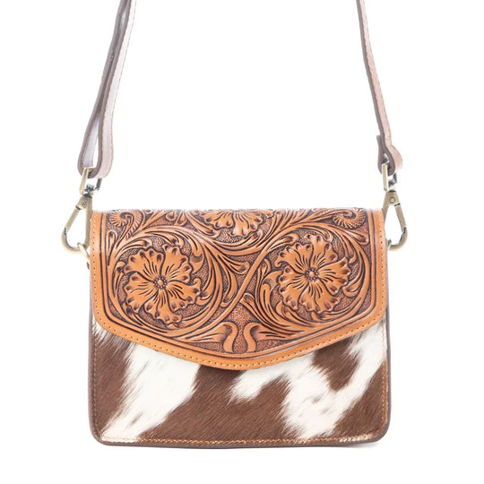 Bridle Blossom handtooled hairon cowhide purse with floral carvings