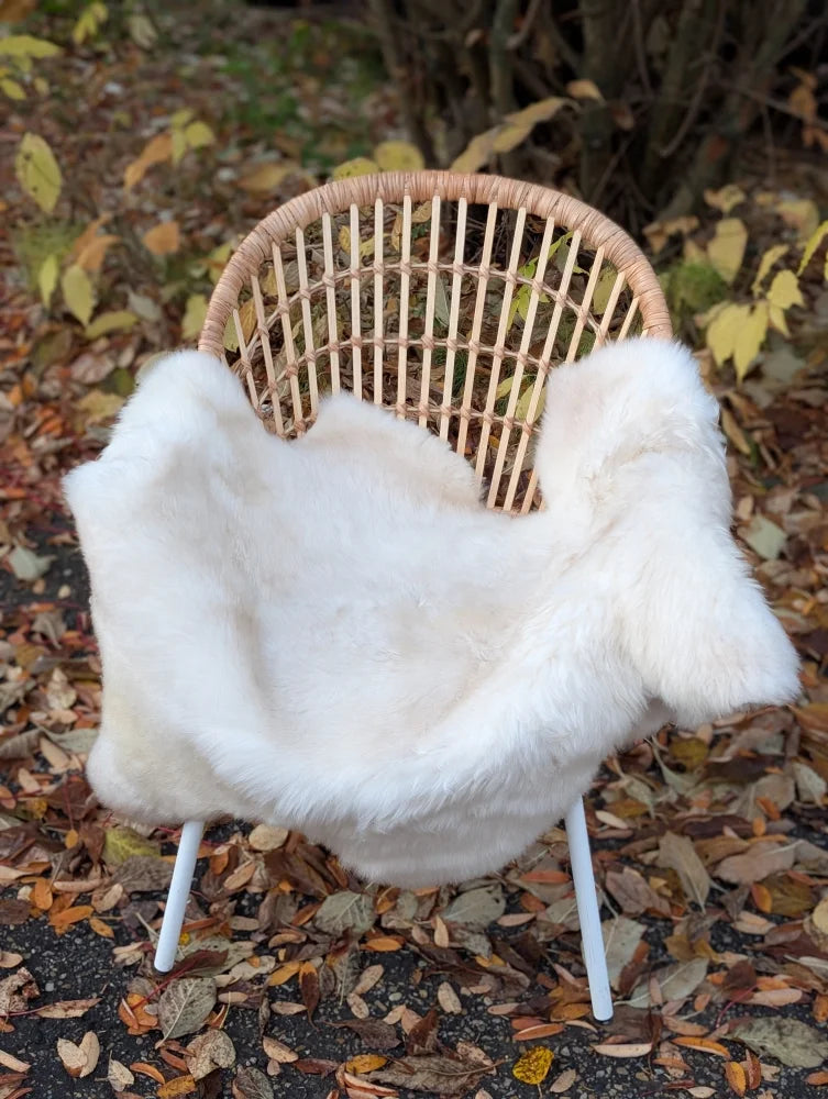 A plush white british isles sheepskin faux fur throw draped over a wicker chair with slender white legs