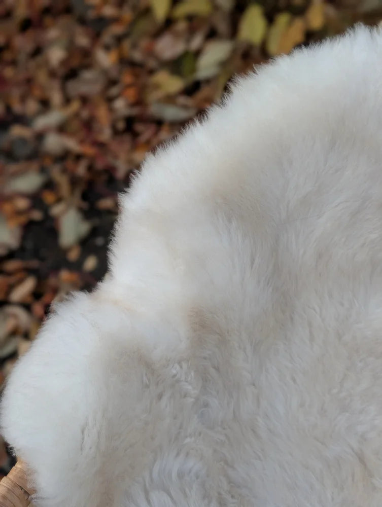 A plush white faux fur blanket with soft fluffy texture made from british isles sheepskin measuring 46 x 31 inches