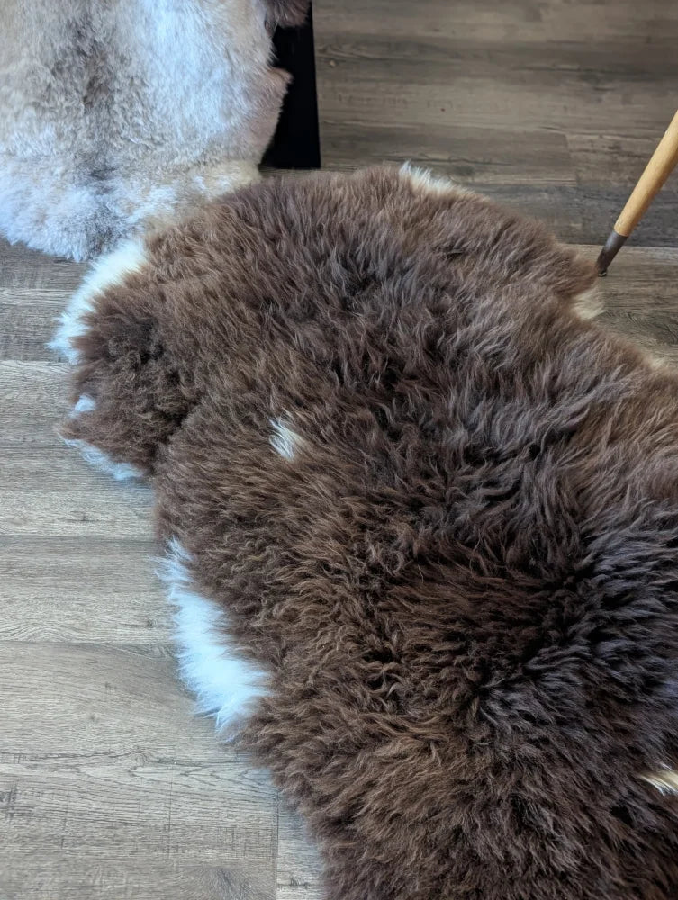 Brown and white british isles sheepskin rug with soft fluffy texture perfect for cozy home decor use