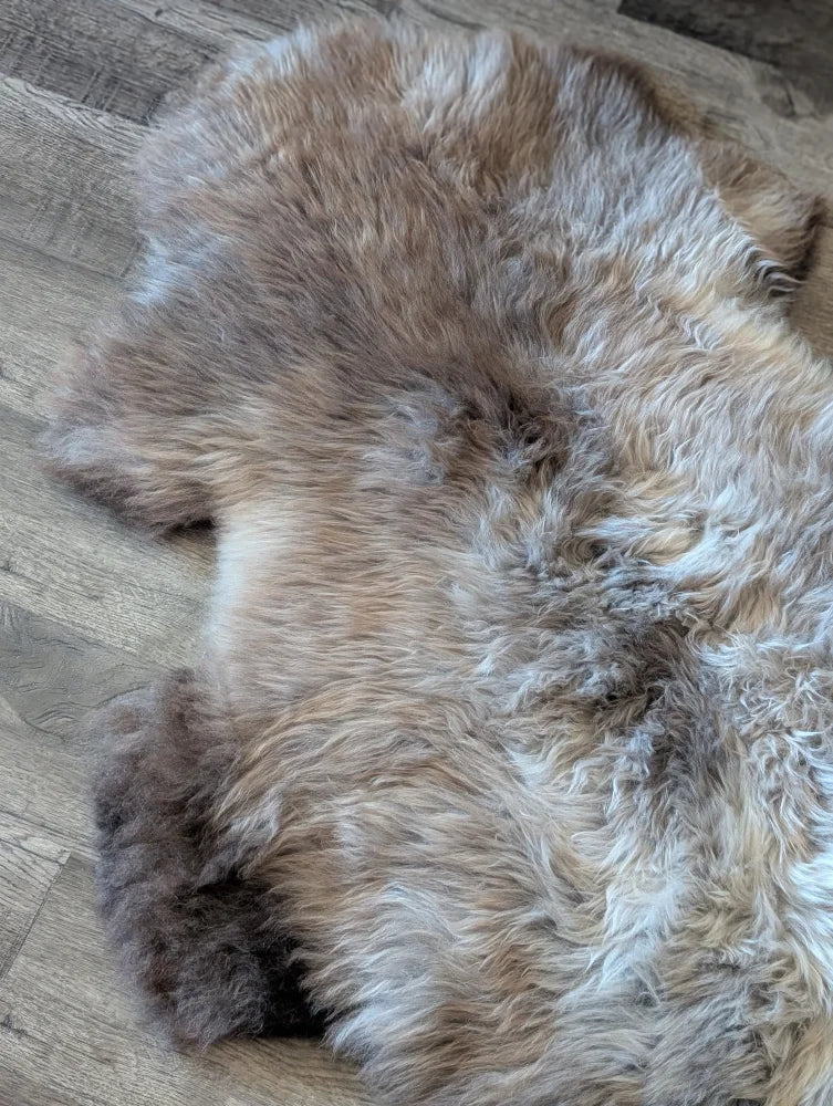 A plush 48 x 31 inch british isles sheepskin rug with soft light brown and gray naturally textured fur