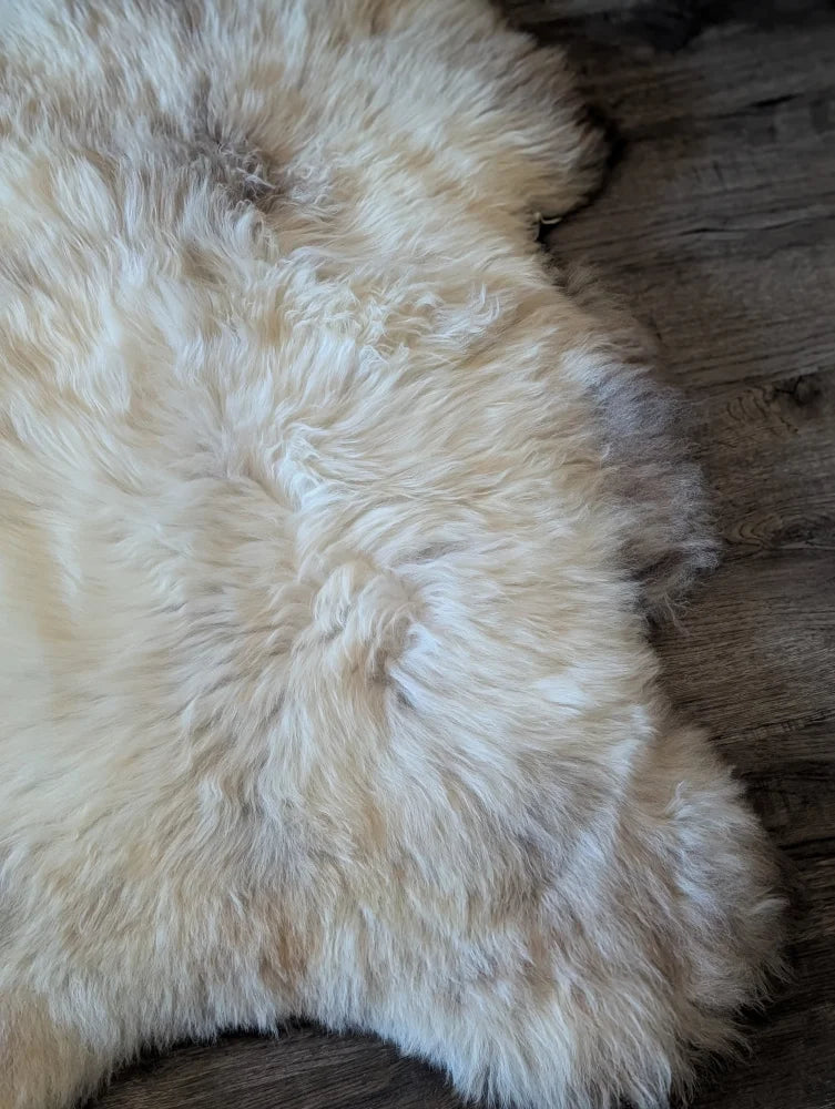 Cream-colored fluffy british isles sheepskin rug brit17 with natural edges and soft dense texture 48 x 30 inches