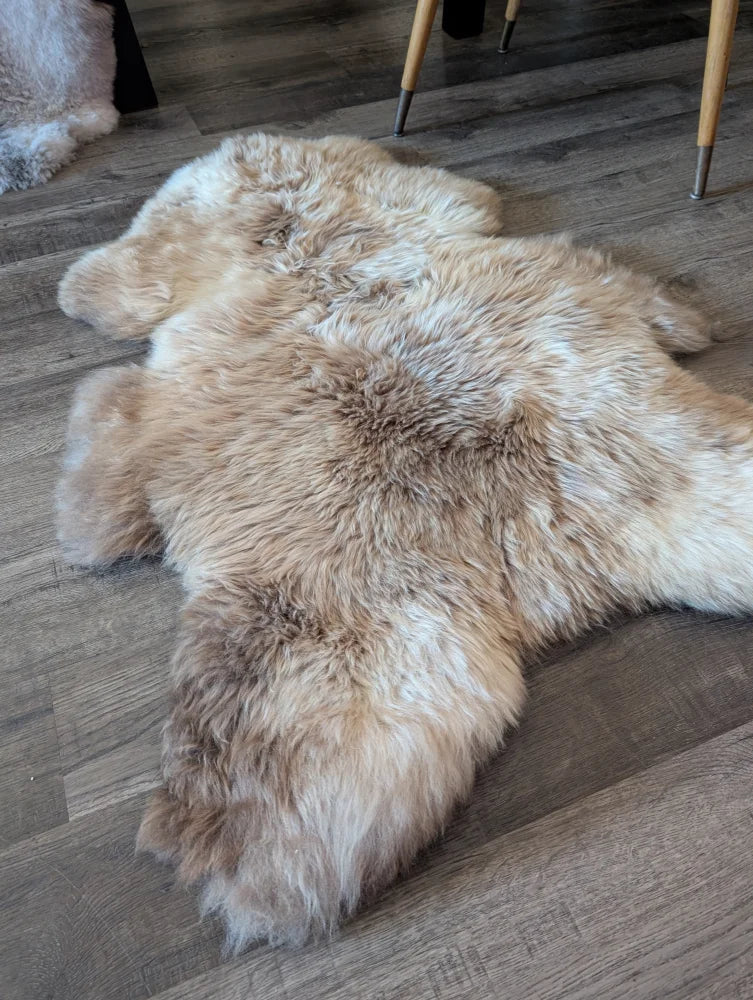 A plush light beige and cream british isles sheepskin rug with soft fluffy texture on wooden floor measuring 48 by 33 inches