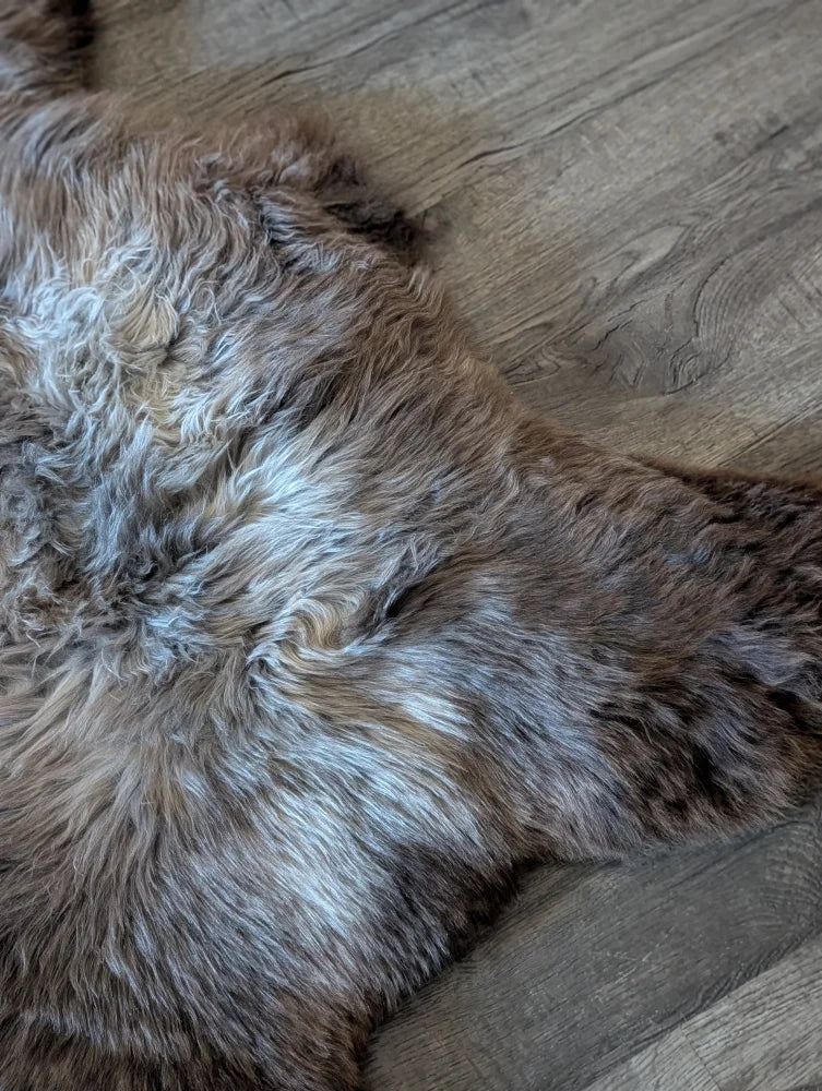 A plush curly brown and gray british isles sheepskin rug with natural texture lying flat on wooden floor