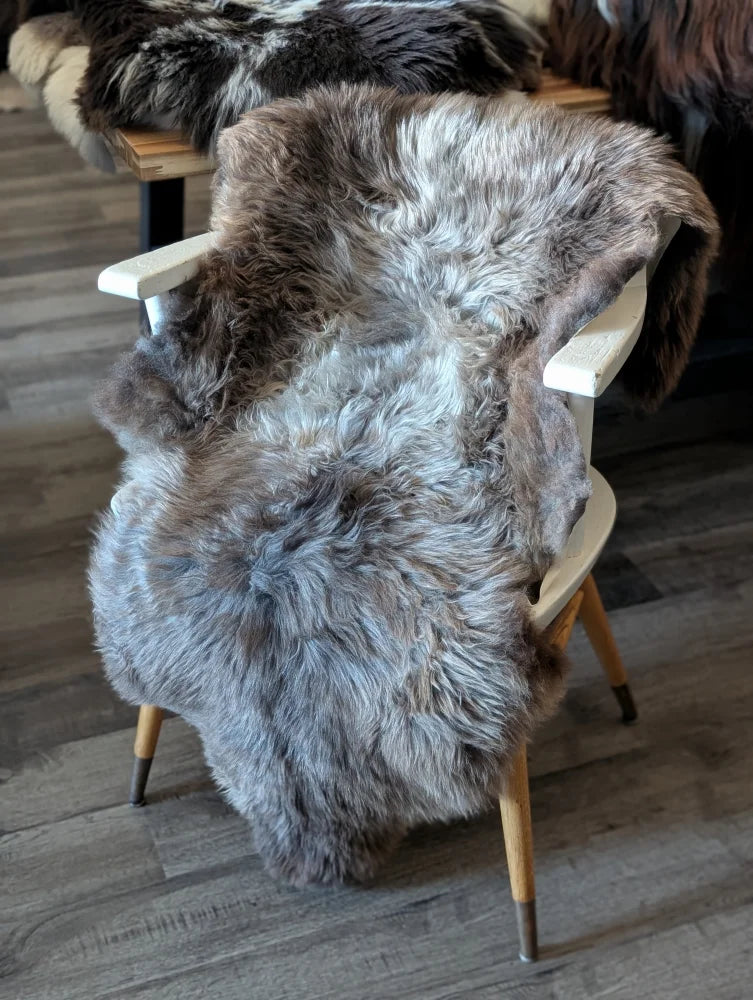 A plush grey and white british isles sheepskin rug draped over a wooden chair showing natural texture