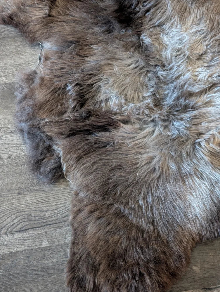 A plush british isles sheepskin rug with natural brown and gray shaggy fur measuring 49 by 29 inches