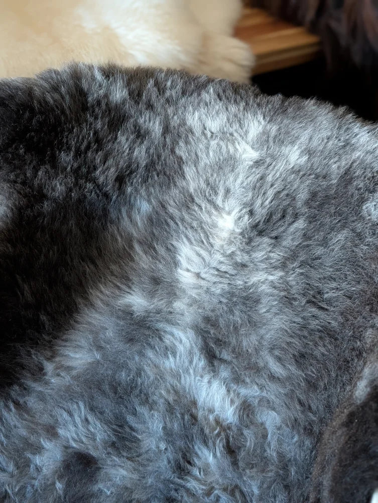 A plush soft gray british isles sheepskin blanket with dense curly fur measuring 47 by 31 inches