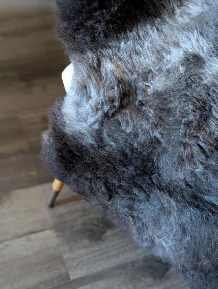 A plush dark gray and black british isles sheepskin rug with soft curly texture in 47 x 31 size