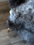 A plush dark gray and black british isles sheepskin rug with soft curly texture in 47 x 31 size