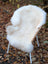 A very soft off-white british isles sheepskin rug draped over a woven wicker chair with white metal legs