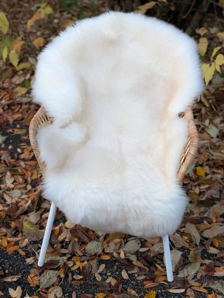 A plush off-white british isles sheepskin rug draped over a wicker chair with white legs for soft comfort