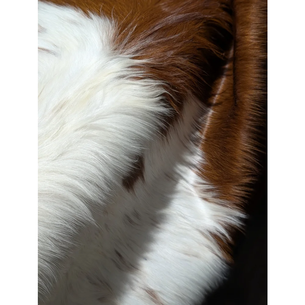 Soft white and brown extra large cowhide rug with plush faux fur texture