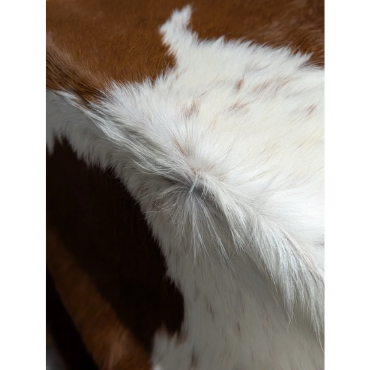 White fluffy feather boa on extra large cowhide rug