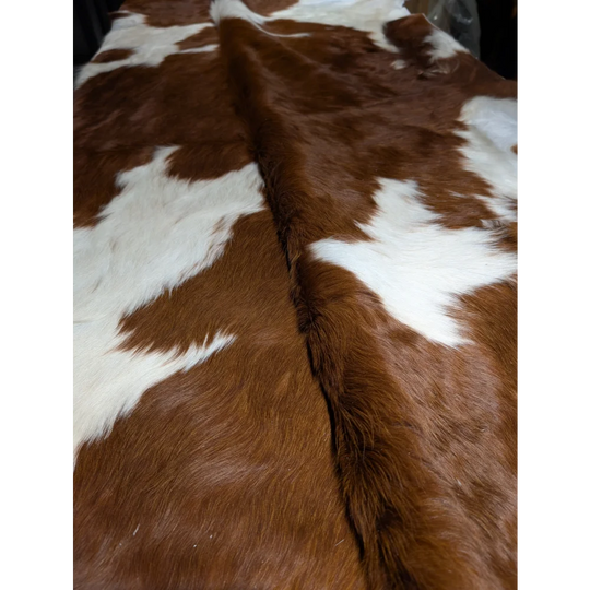 Extra large cowhide rug with brown white patches, 94x90 textured beauty