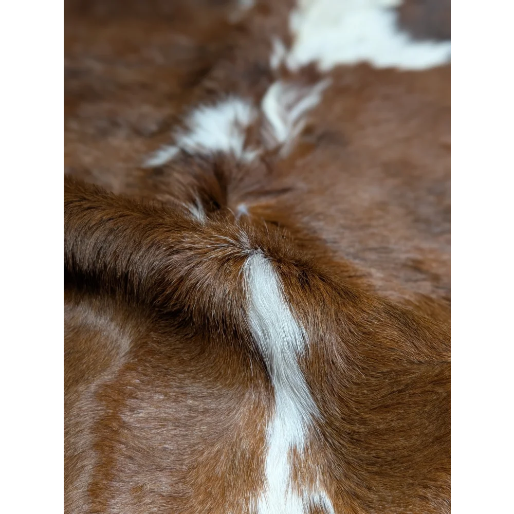 Gorgeous extra large cowhide rug in brown and white, soft underfoot with unmistakable aura