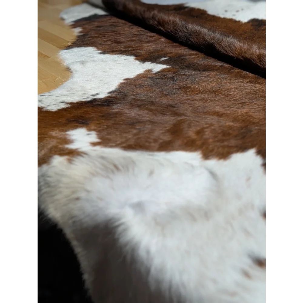 Extra large cowhide rug in brown white patches, soft underfoot aura
