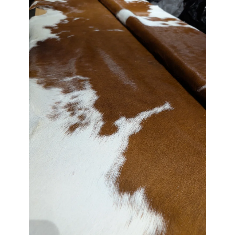 Extra large cowhide rug with brown white patches, soft underfoot aura