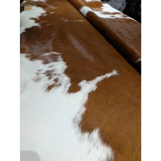 Extra large cowhide rug with brown white patches, soft underfoot aura