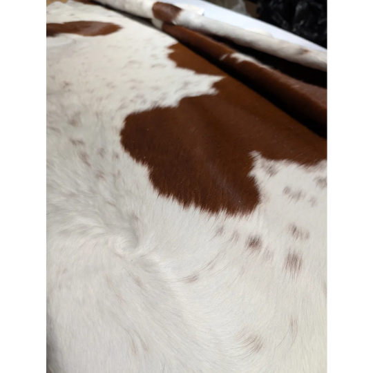 Large BRNWHT147 cowhide rug, 81x82.5in extra large with brown white patches, soft underfoot