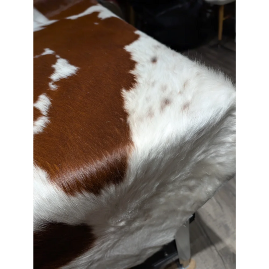 Extra large cowhide rug with brown white patches, soft underfoot texture
