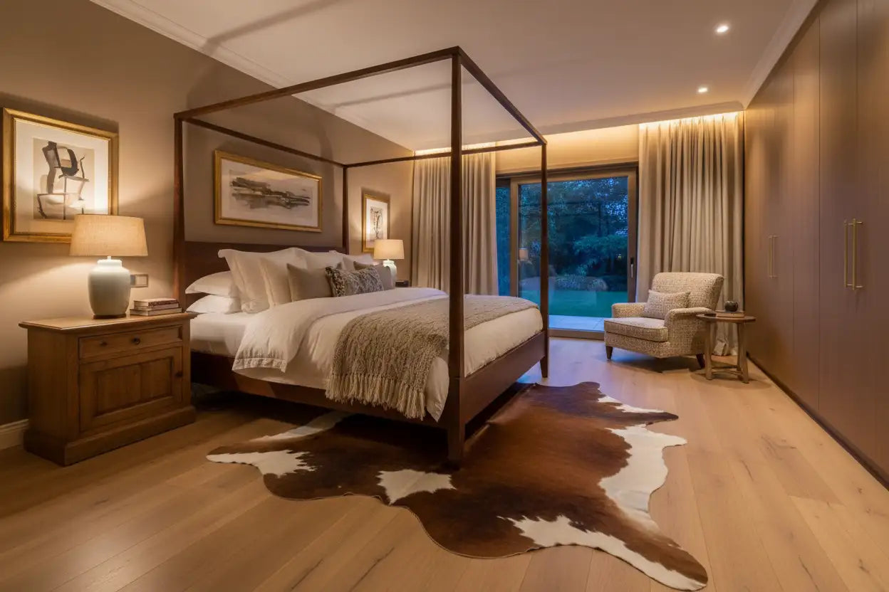 Brown and white cowhide rug on light wood flooring.