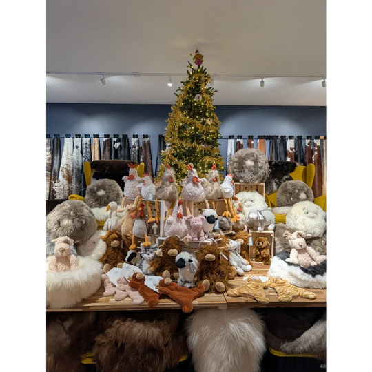 Buddy the adorably cuddly pup with 48cm tall Christmas tree, gold ornaments and lights, artificial