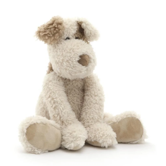 Cream-colored Jellycat Buddy pup toy with brown accents and tan paws