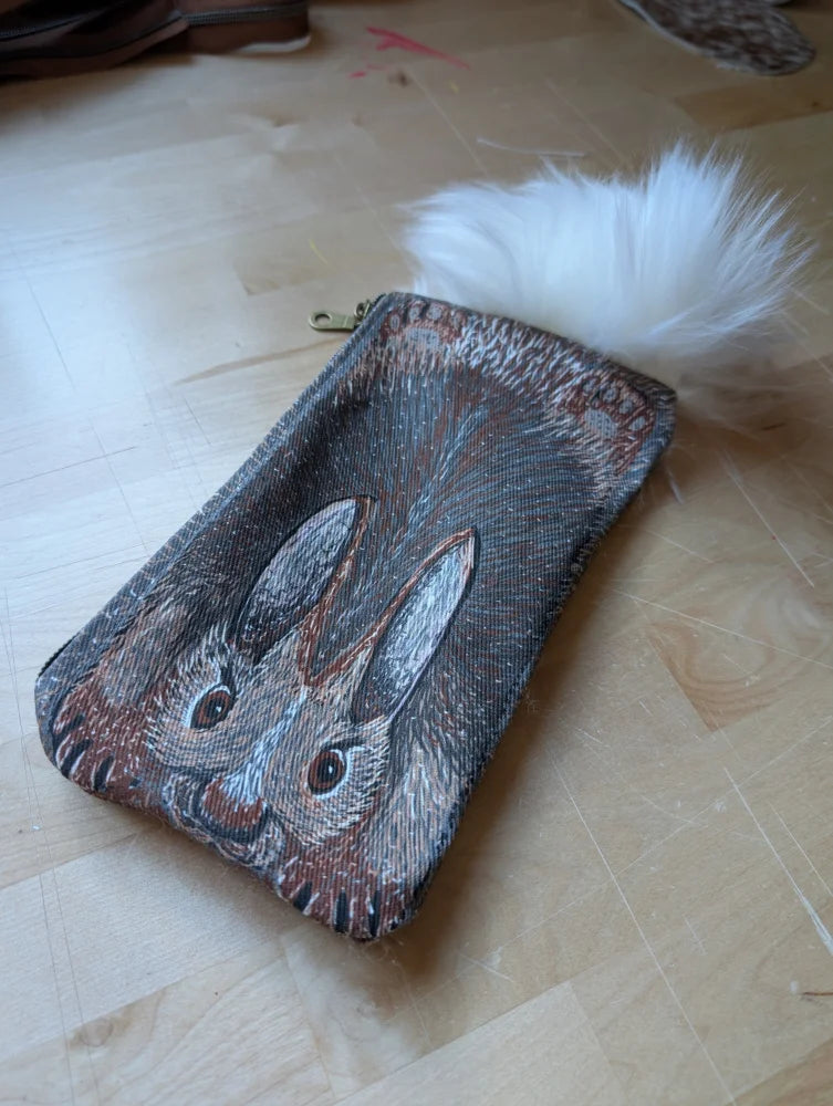Gray cotton canvas bunny coin purse with detailed embroidered rabbit and fluffy sheepskin tail pom-pom charm