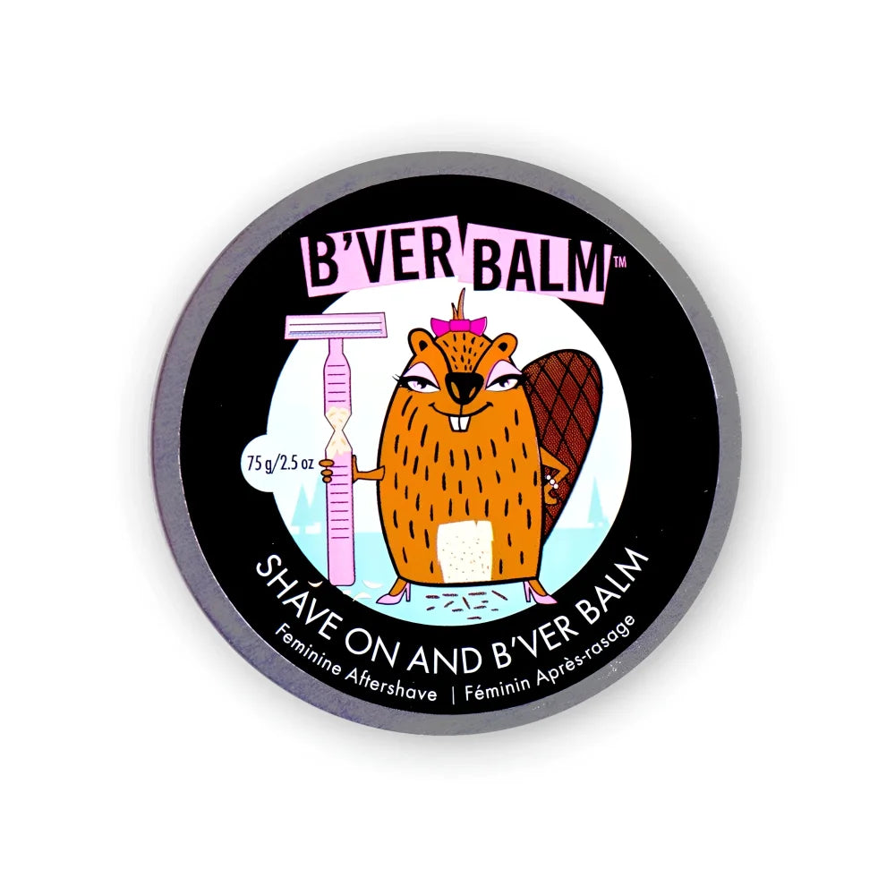 A round metallic tin of b’ver balm feminine aftershave featuring a cartoon beaver with seed oil and coconut oil by angus oliver