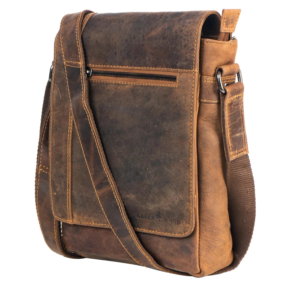Henry unisex genuine leather mini messenger bag with tan strap
