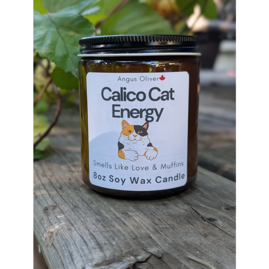 Calico Cat Energy Candle: 8oz soy wax with cat design, black lid