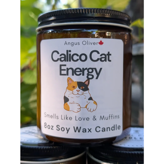 Calico Cat Energy Candle: 8oz soy wax with black orange fur design