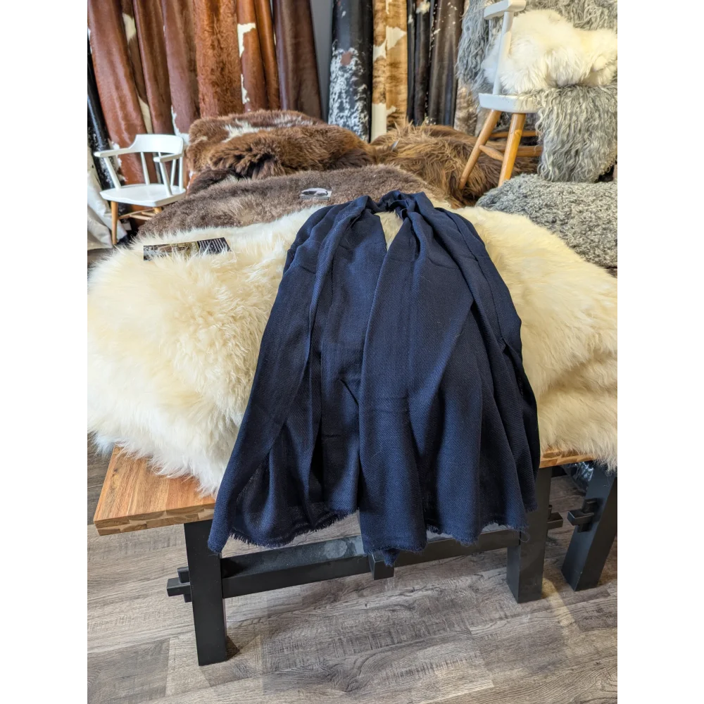 Navy blue linen jacket with frayed edges and cashmere blue colour scarf