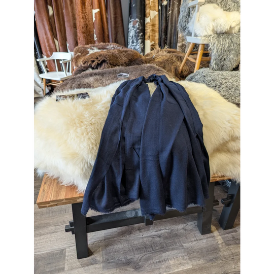 Navy blue linen jacket with frayed edges and cashmere blue colour scarf