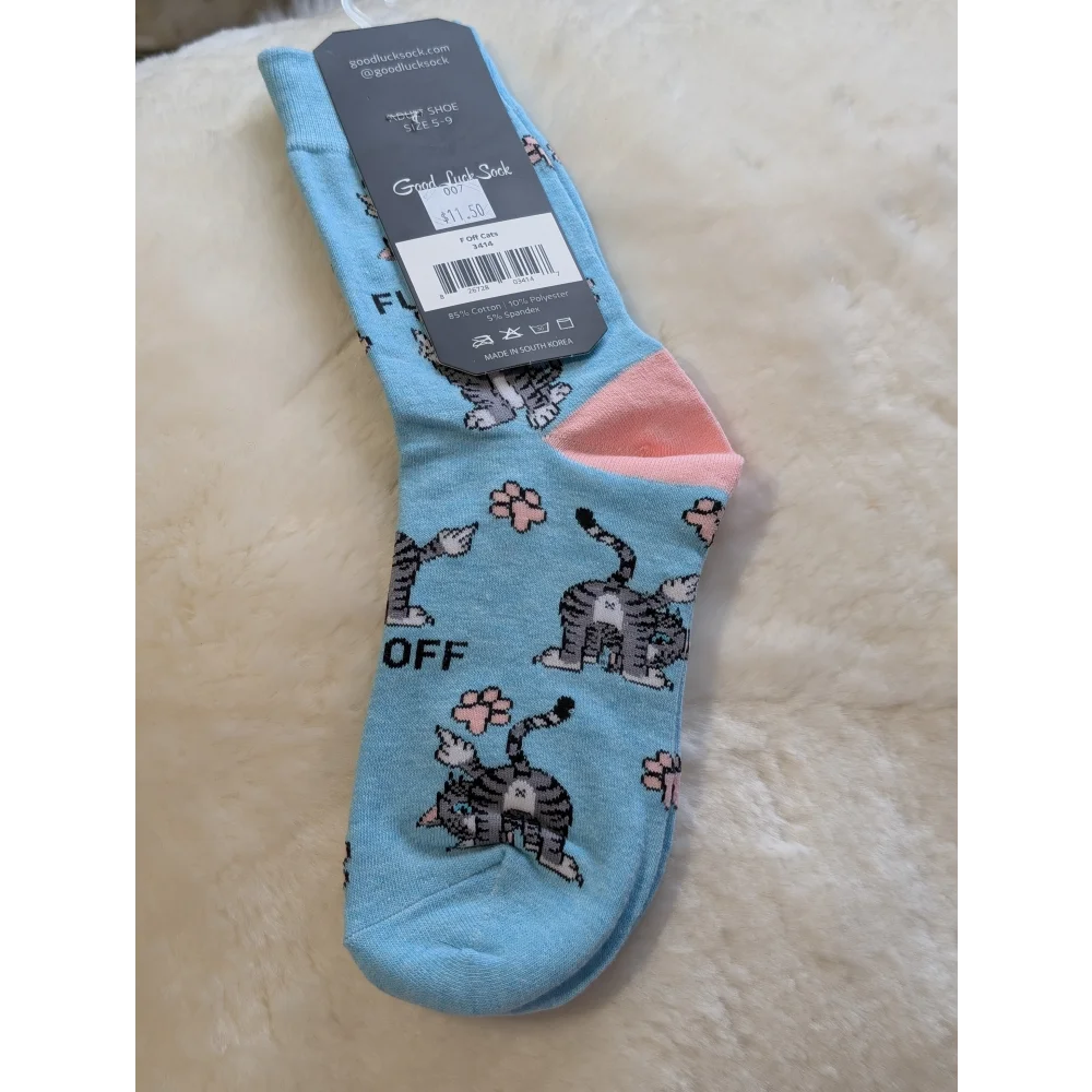 Blue cat good luck socks with paw prints and f*ck off text, cotton blend