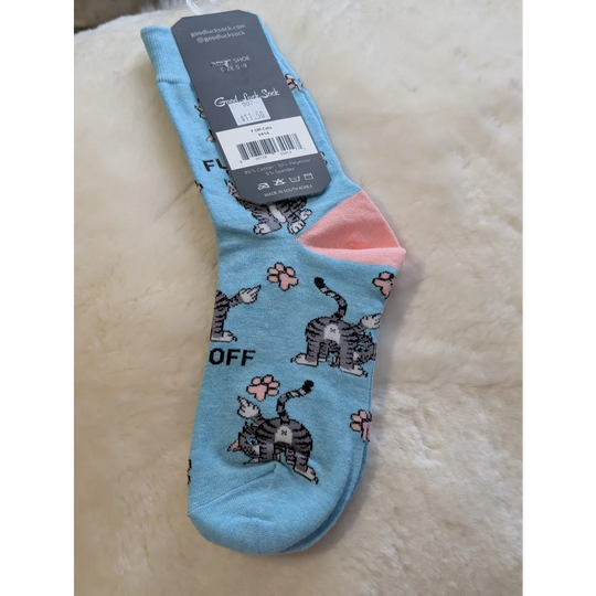 Blue cat good luck socks with paw prints and f*ck off text, cotton blend