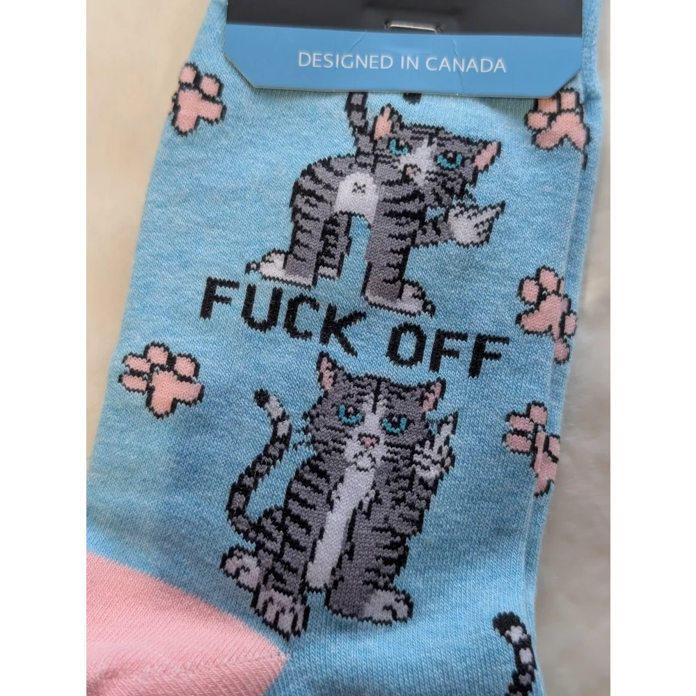 Blue cat good luck socks with paw prints and fuck off text