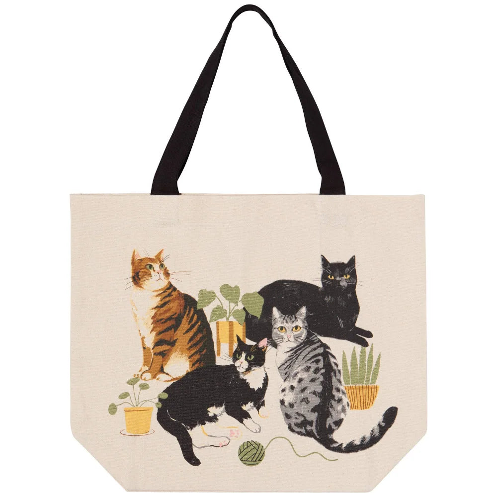 Beige canvas tote bag with black handles featuring four cats and potted plants by angus oliver canada perfect for sheepskin rugs fans